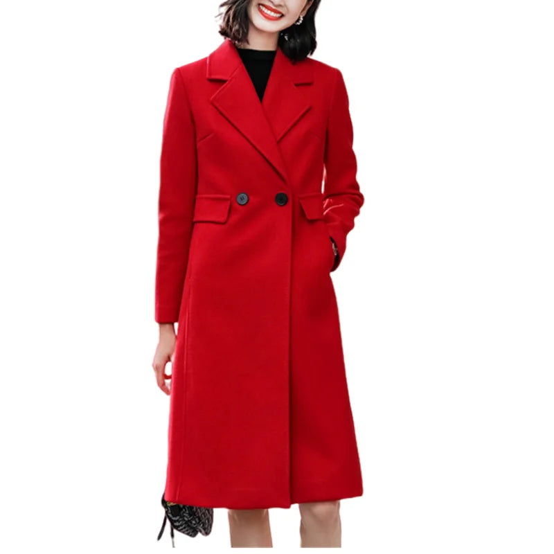 Winter Wool Blends Women's Coat Trench Pockets Solid Streetwear Lapel Coats Line