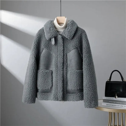 Casaco de lã de cordeiro curto feminino, jaqueta shearling granular, gola virad