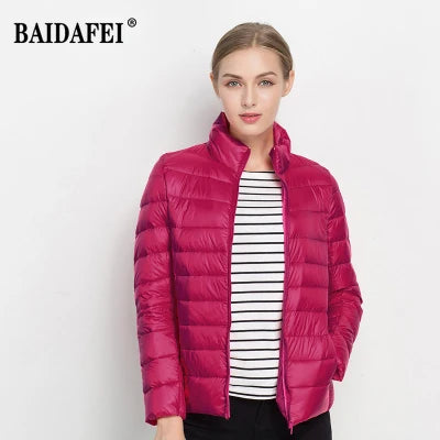 Parka para baixo empacotável feminina, jaqueta puffer empacotável, casaco casu