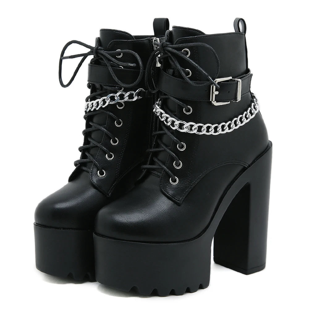 Women's Chain-Embellished Block Heel Boots – Fashionable Lace-Up, Side Zipper Platform Ankle Booties with High Heels