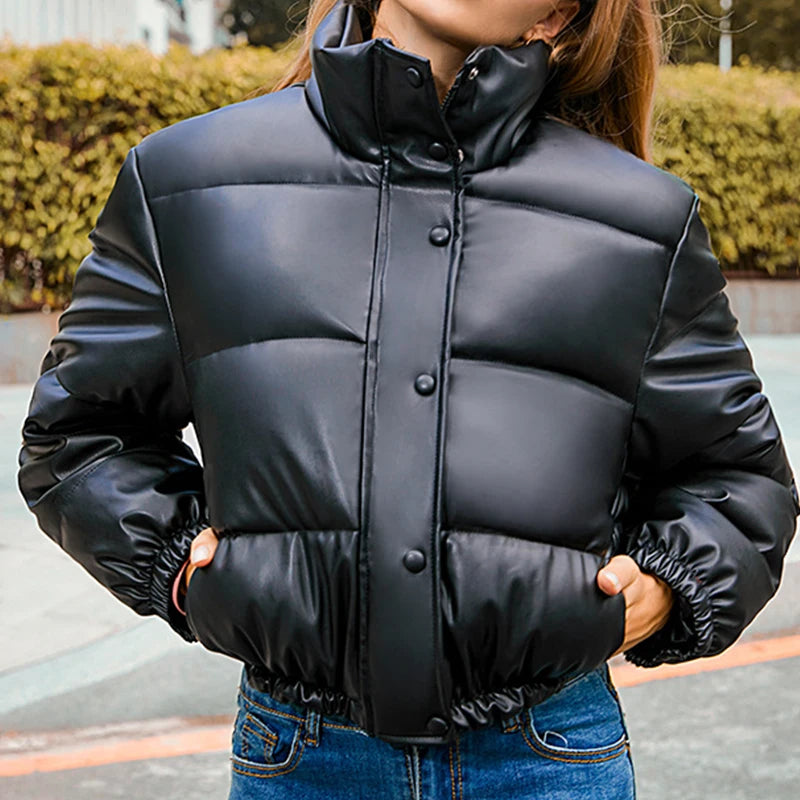 Jocoo Jolee Women's Thick Cropped Puffer Jacket - Black PU Leather Parka, Stylish Zipper Coat, Quilted Cotton Punk Outerwear for Winter