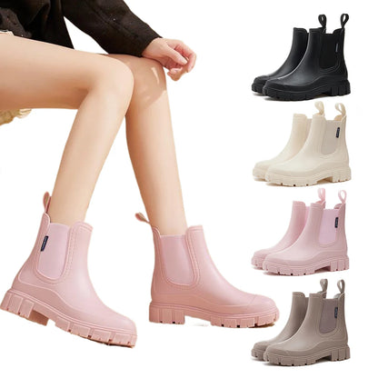 Women's Waterproof Chelsea Boots – New Elastic-Mouth Ankle & Mid-Top Rain Shoes, Non-Slip for Indoor & Outdoor Use