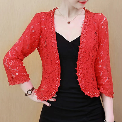 2022 Autumn Lace Beaded Hollow Sunscreen Cardigan Elegant Short S-4XL Large Size