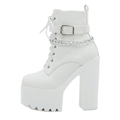 Women's Chain-Embellished Block Heel Boots – Fashionable Lace-Up, Side Zipper Platform Ankle Booties with High Heels