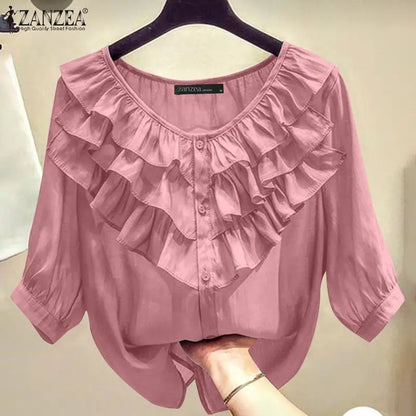 2024 ZANZEA Elegant Button-Up Blouse – Layered Ruffle Lantern Sleeve Casual Top for Women