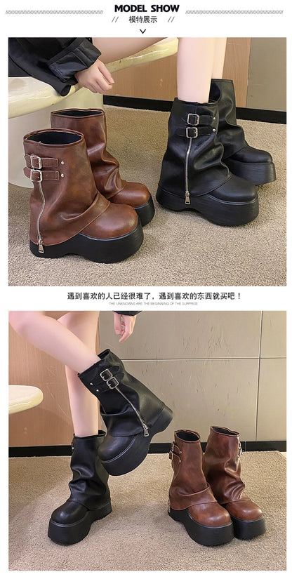 2024 Women's Soft Leather Mid-Calf Boots – High Platform Wedge Chunky Motorcycle Booties for Winter & Autumn (9CM Heel)