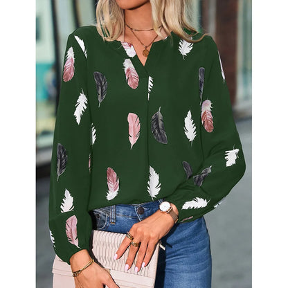 Women’s Feather-Pattern Chiffon Blouse – Elegant Long-Sleeve Fashion Top