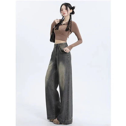 New Classic Loose Vintage Casual Female Wide Leg Pants American Spring Basic Washed Fashion Distressed Street S-XL Women Jeans