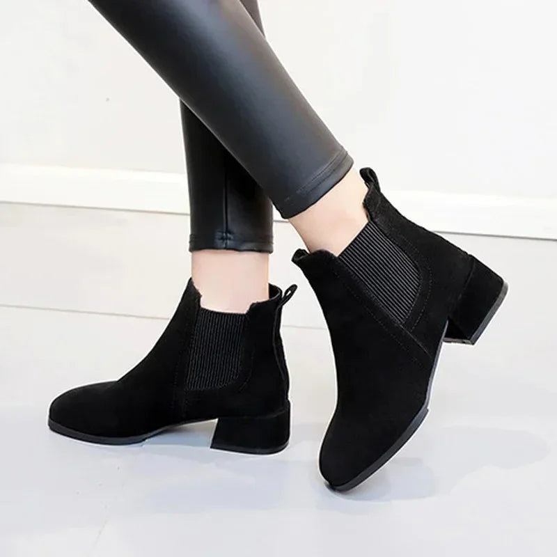 Women's Slip-On Ankle Boots – Autumn/Winter Round Toe Booties with 3.5cm Square Heel in Black & Camel (Sizes 35-43)