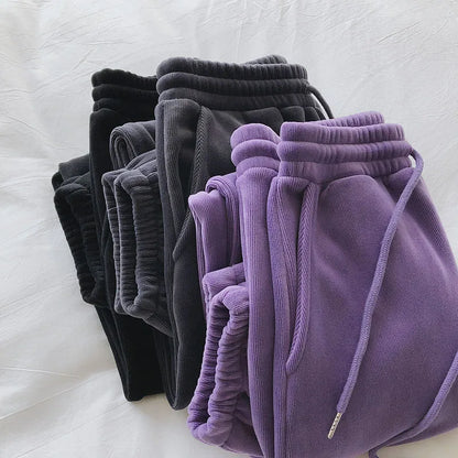 Calça de lã grossa e larga feminina, calça esportiva casual, corredores quent