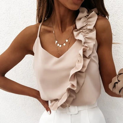 Women's Summer Blouse – Sexy V-Neck Ruffle Backless Spaghetti Strap Top for Office & Casual Wear