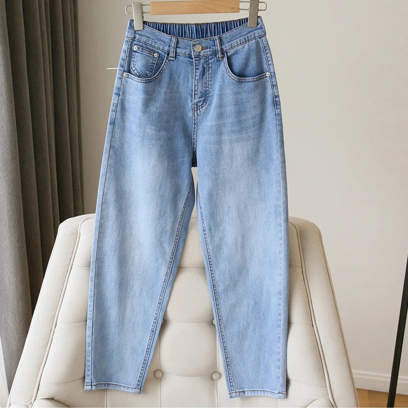 S-5XL Women Jeans Spring Autumn Elastic Waist Light Blue Loose Denim Pants 2023 New Harem Pants Female Casual Trousers