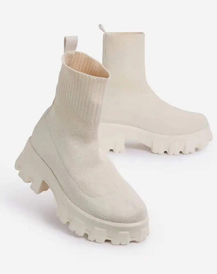 Women's White Platform Boots – Winter & Autumn Sock-Style Ankle Booties with Heels