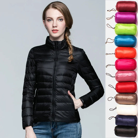 Parka para baixo empacotável feminina, jaqueta puffer empacotável, casaco casu