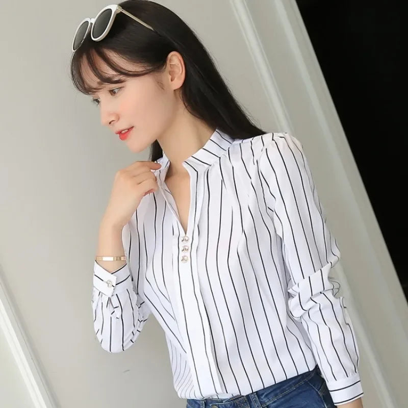 2024 Spring/Autumn Women's Casual Striped Blouse – Loose Long Sleeve Stand Collar Top in White