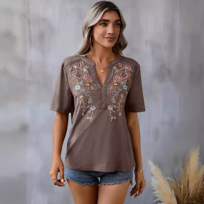 Vintage Summer V-Neck Lace Blouse – Casual Embroidered Loose Top for Vacation & Everyday Wear