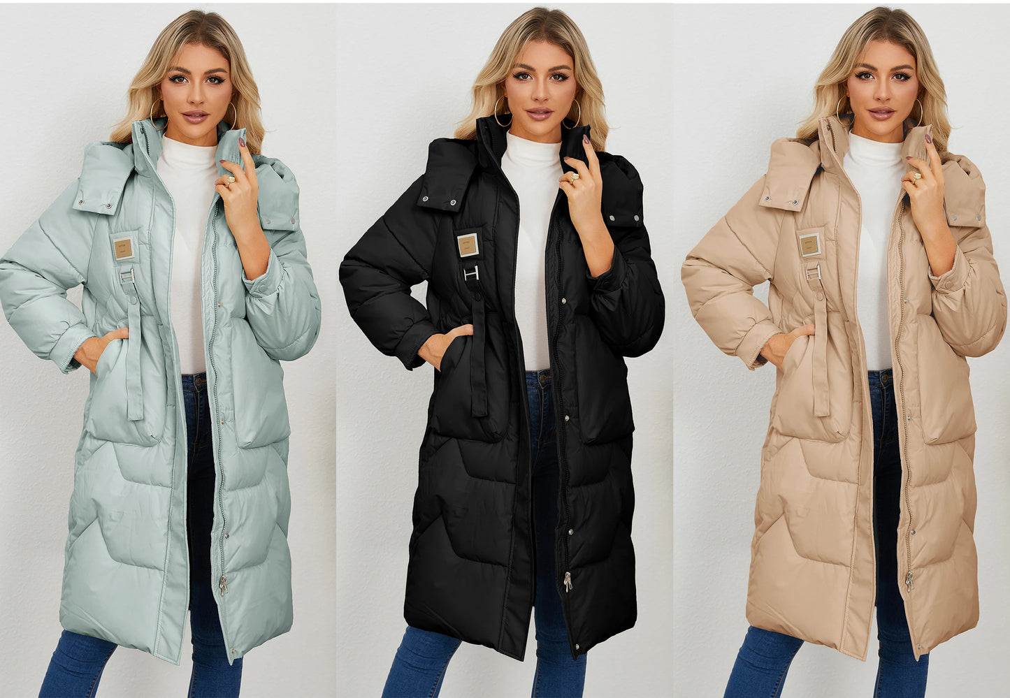 Autumn Winter Women’s Padded Jacket Stand Collar Wide-Waisted Hooded Long Coat