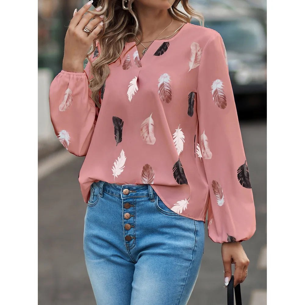 Women’s Feather-Pattern Chiffon Blouse – Elegant Long-Sleeve Fashion Top