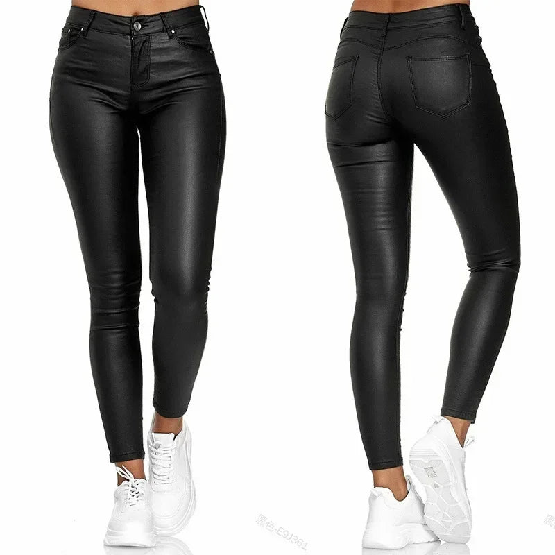 New Women's PU Leather Stretch Bodycon Pants - High-Waist Sexy Black Leggings, Long Casual Pencil Trousers, Plus Sizes XS-4XL