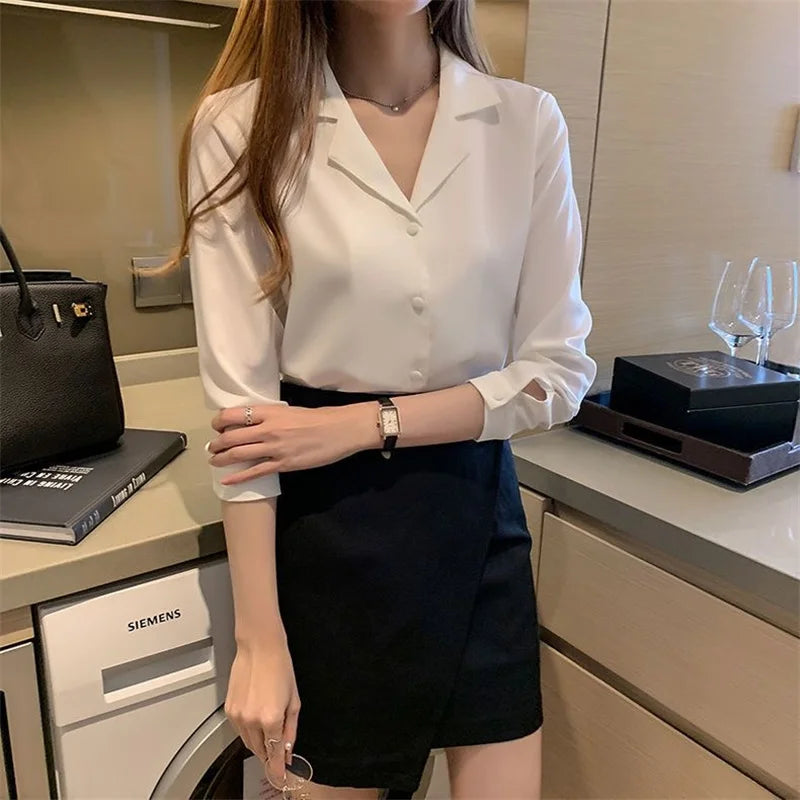 2024 Women's Long Sleeve Notched Collar Blouse – Elegant Spring & Autumn Office Wear Top (WY1003)