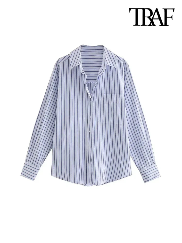 TRAF Women’s Loose-Fit Striped Button-Up Shirt – Chic Long-Sleeve Blouse with Pocket