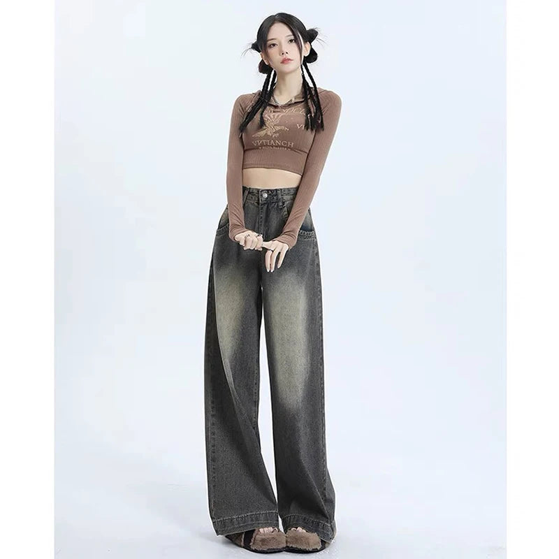 New Classic Loose Vintage Casual Female Wide Leg Pants American Spring Basic Washed Fashion Distressed Street S-XL Women Jeans