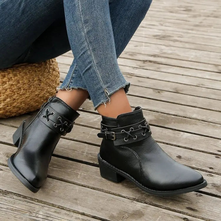 2024 Women's PU Leather Ankle Boots – New Autumn/Winter Short Booties with Side Zipper, Thick Heels & Rivet Detail (Plus Sizes Available)