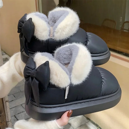 2024 Women's Waterproof Winter Ankle Boots – Cute Bow-Adorned Plush Cotton Lined Snow Boots