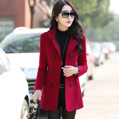 Autumn Winter Women Double Breasted Woolen Coat Solid Color Lapel Slim Fit Short