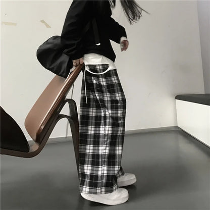 Calça xadrez preta extragrande feminina, calça larga casual, elástico na cint