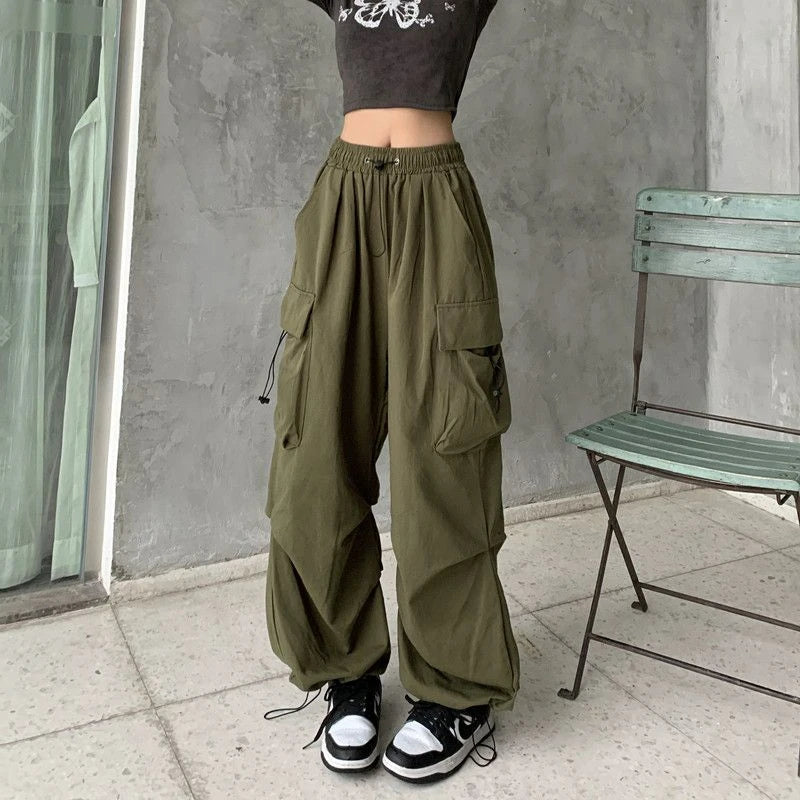 Y2k pára-quedas calças pretas mulheres hippie streetwear bolsos grandes calça