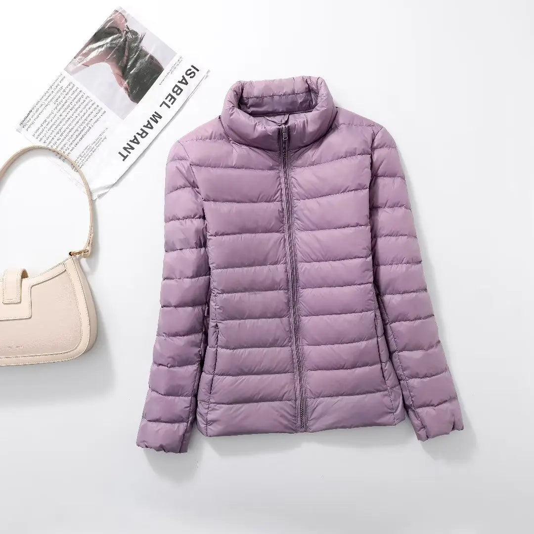 Parka para baixo empacotável feminina, jaqueta puffer empacotável, casaco casu