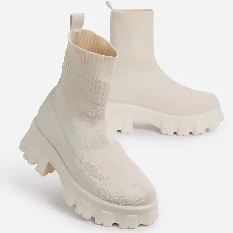 Women's White Platform Boots – Winter & Autumn Sock-Style Ankle Booties with Heels