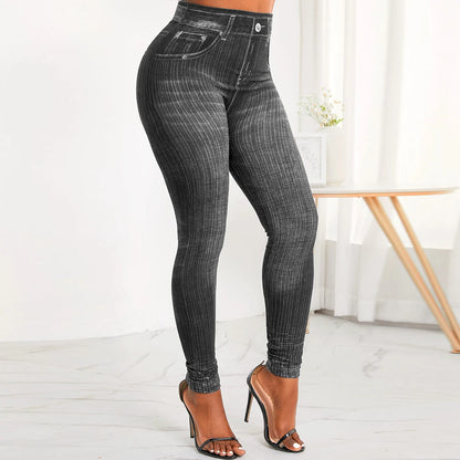 Leggings estampa feminina de elástico na cintura falsa denim, elástico, ajuste