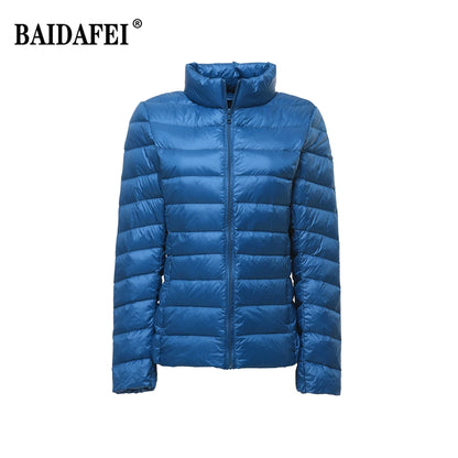 Parka para baixo empacotável feminina, jaqueta puffer empacotável, casaco casu