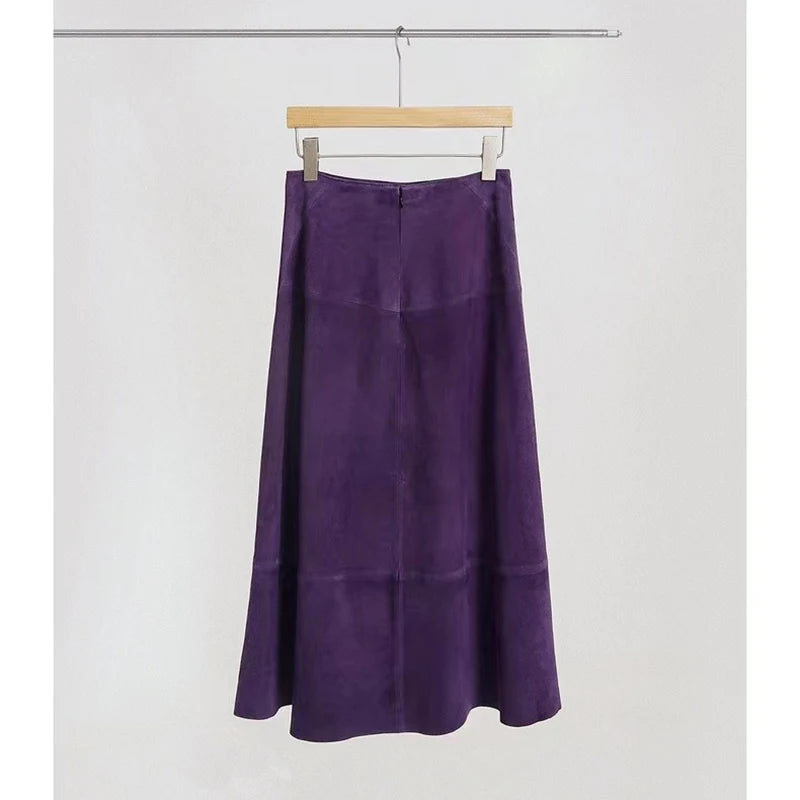 Purple/Gray Leather Skirts for Women Autumn High Waist Sheepskin Suede Simple Sl