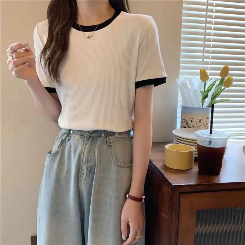 Summer Women's Pure Color T-Shirt – Elastic Slim-Fit, Large Round-Neck Lightweight Korean Casual Top