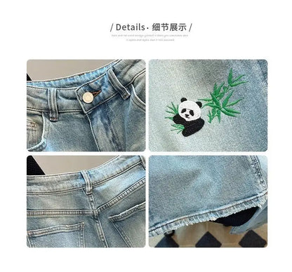 Jeans reto panda bordado feminino, calça de cintura alta, slim, perna larga, se