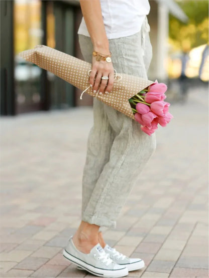 Women's Casual Long Pants – Simple Style, Elastic Waist, Solid Color, Perfect for Spring and Summer, New Chic Workwear