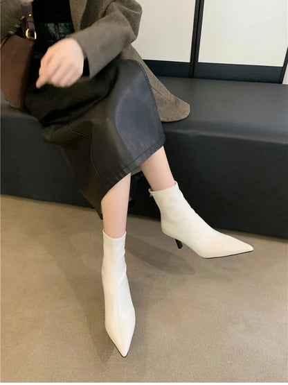 2025 Women's Spring Modern Pointed Toe Ankle Boots – Sleek Soft Leather Short Booties with Chic High Heels