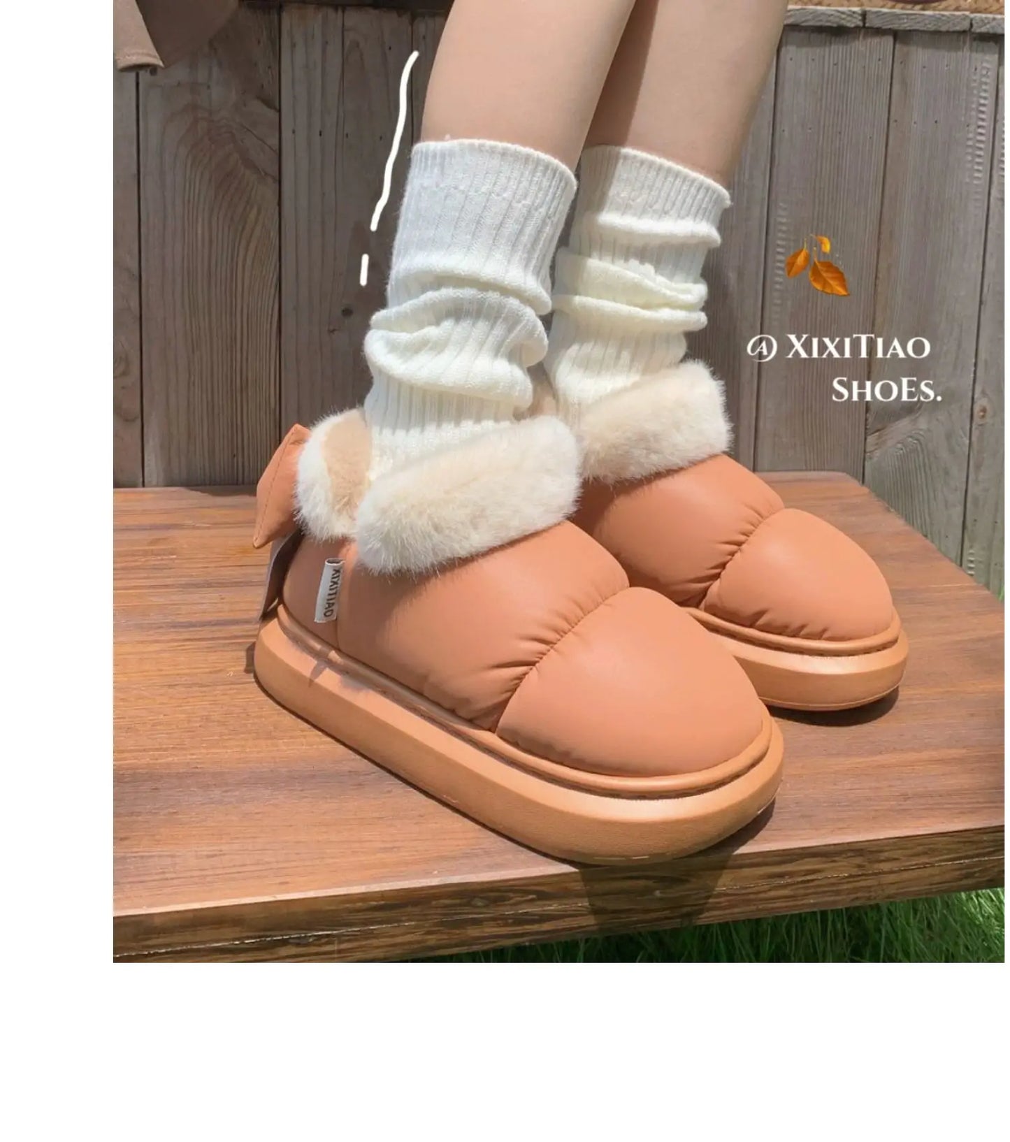 Women's Winter Bow-Knot Ankle Boots – Plush, Insulated, Waterproof PU Cotton Home Slippers