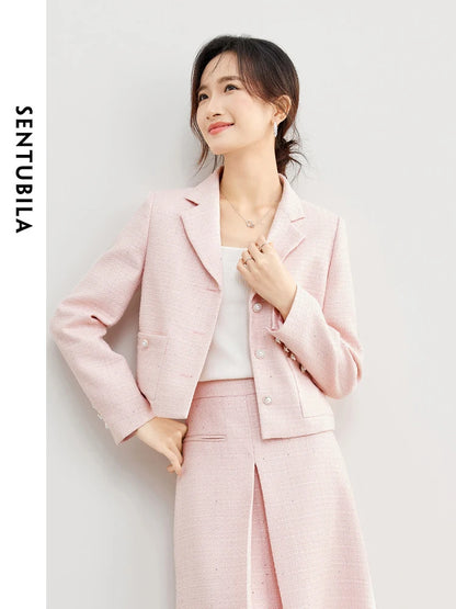 SENTUBILA Pink Elegant Cropped Tweed Jacket 2024 Spring Notched Single Breasted