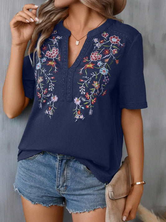 Vintage Summer V-Neck Lace Blouse – Casual Embroidered Loose Top for Vacation & Everyday Wear