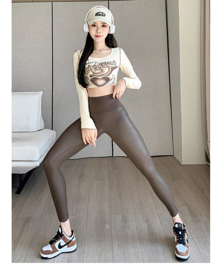 BIVIGAOS 2024 PU Leather Fleece Leggings - High Elastic, Slim Fit, Warm Winter Pants