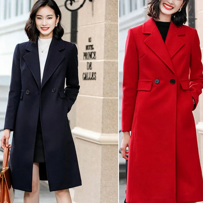 Winter Wool Blends Women's Coat Trench Pockets Solid Streetwear Lapel Coats Line