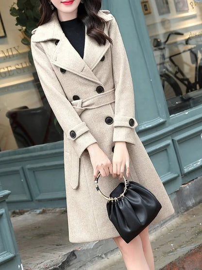 Korean Wool Blends Women Coats Lapel Double-Breasted Lined Trench Belt Ladies St