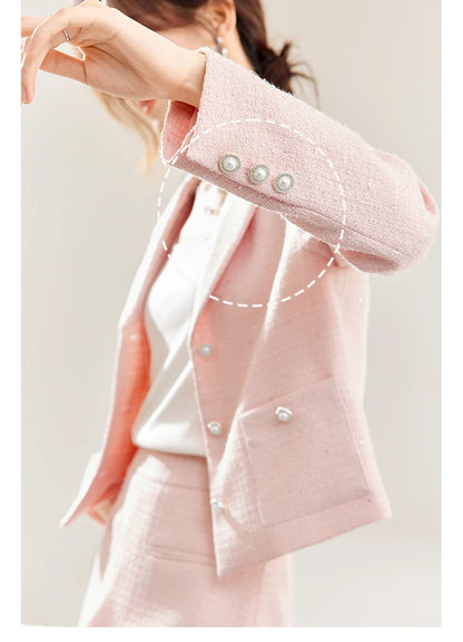 SENTUBILA Pink Elegant Cropped Tweed Jacket 2024 Spring Notched Single Breasted