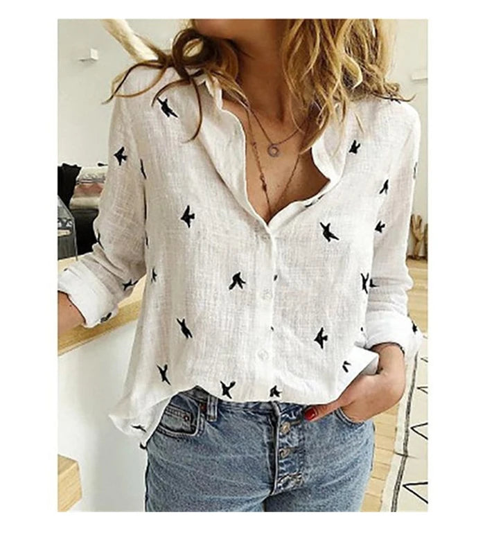 Vintage Streetwear Women's Oversized Bird Print Tunic – Casual Long Sleeve Cotton & Linen Blouse