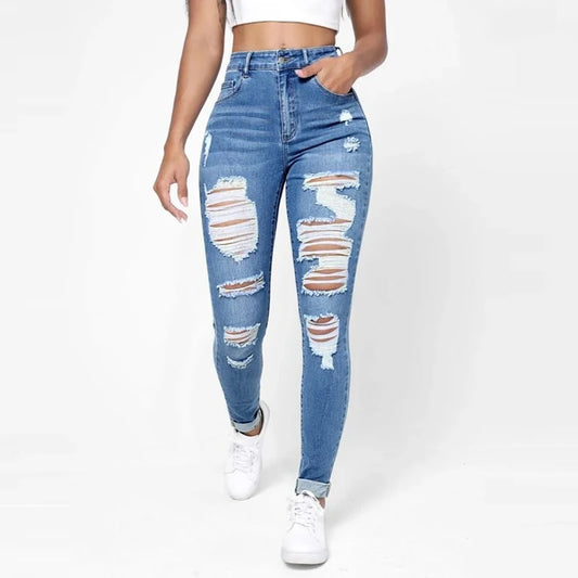 Jeans rasgados com buracos rasgados, jeans skinny casual, calça jeans de cintur