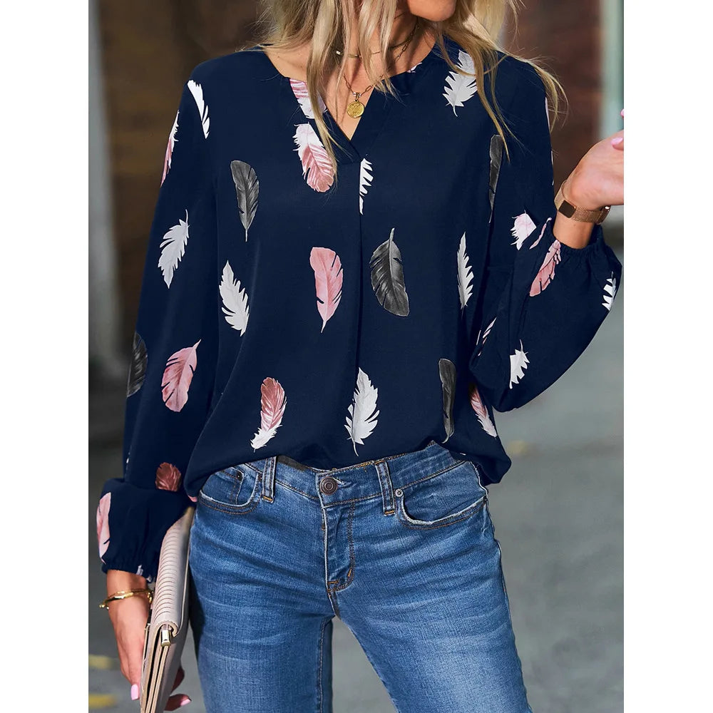 Women’s Feather-Pattern Chiffon Blouse – Elegant Long-Sleeve Fashion Top